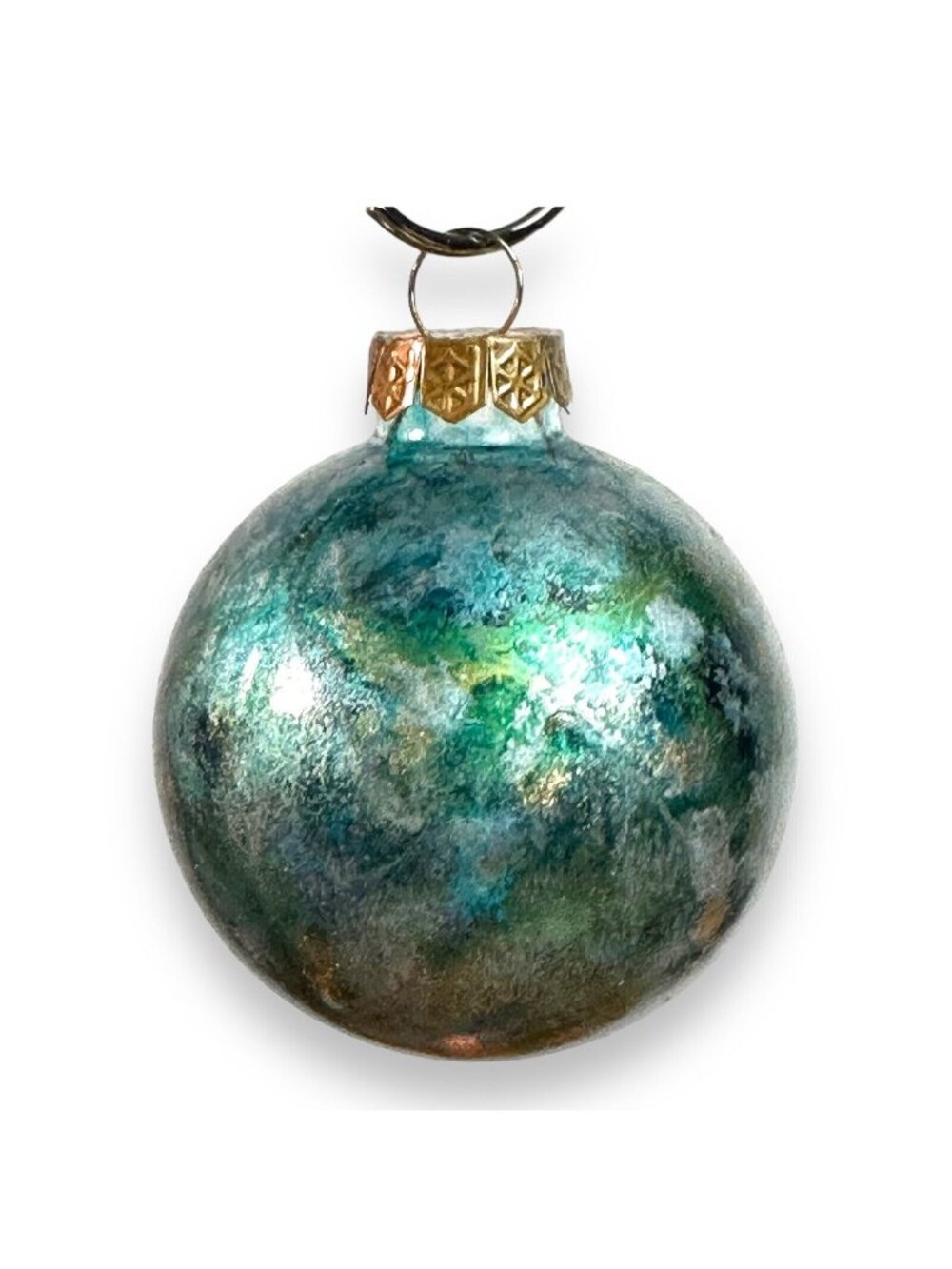 Hand-Painted Glass Ornament With Metallic Green Blue & Gold Accents - Unique Hol